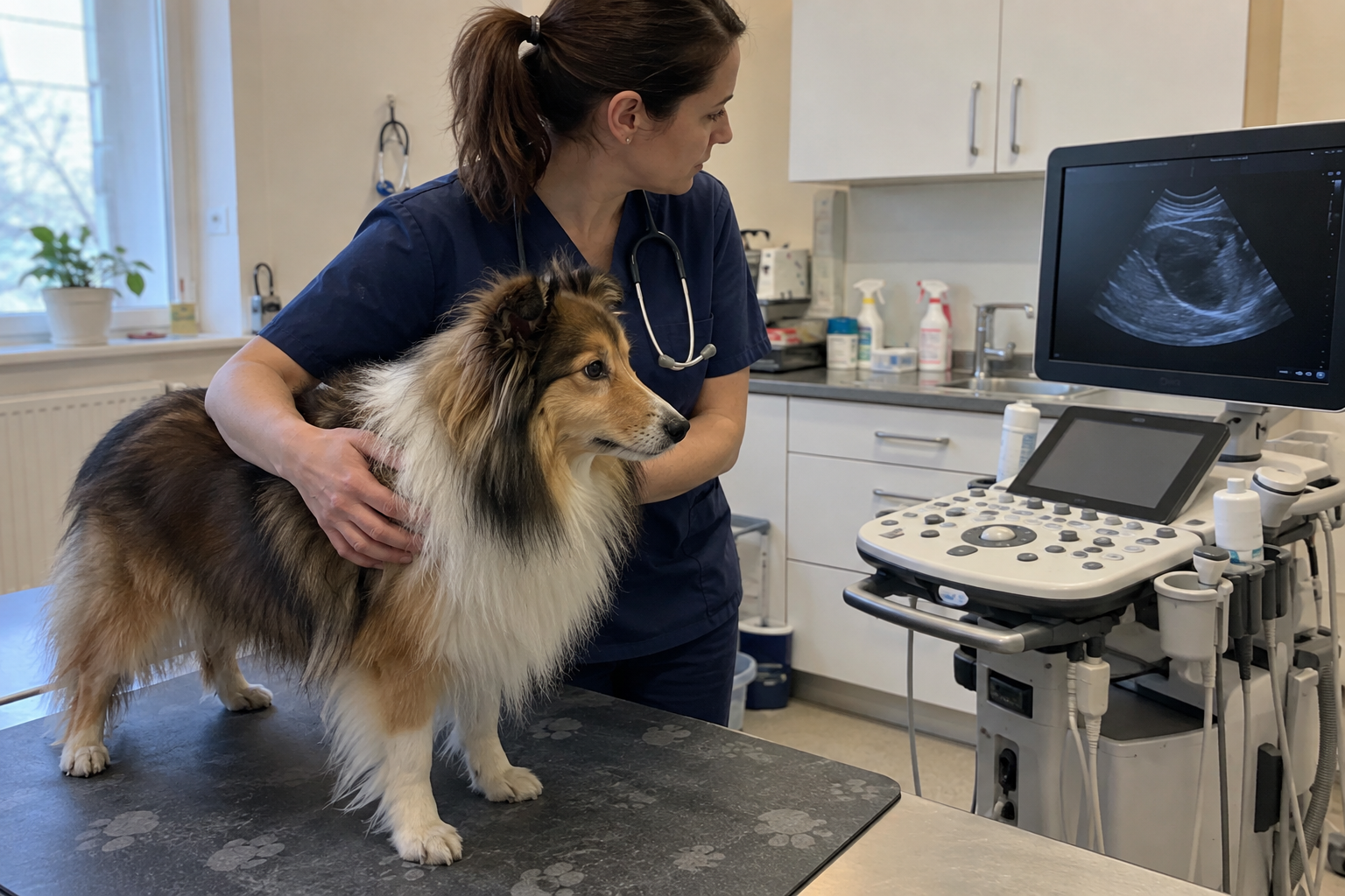 Dlhosrstá fenka šeltie s veterinárkou pri ultrazvukovom prístroji